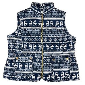 St. John’s Bay Petite XL Quilted Vest Christmas Blue White Reindeer Holiday